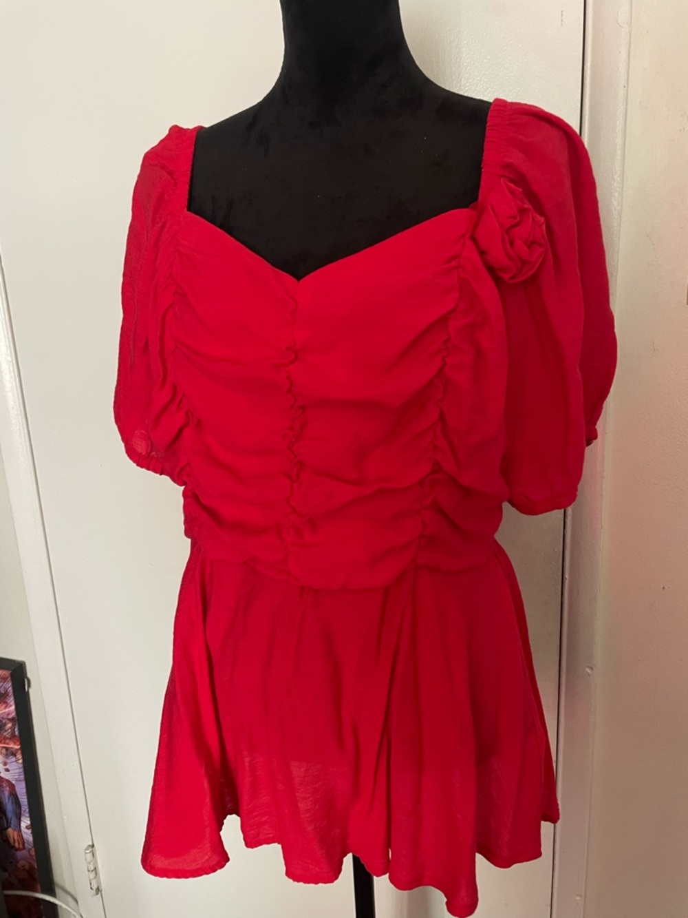 Red Ruched Puff-Sleeve Mini Dress